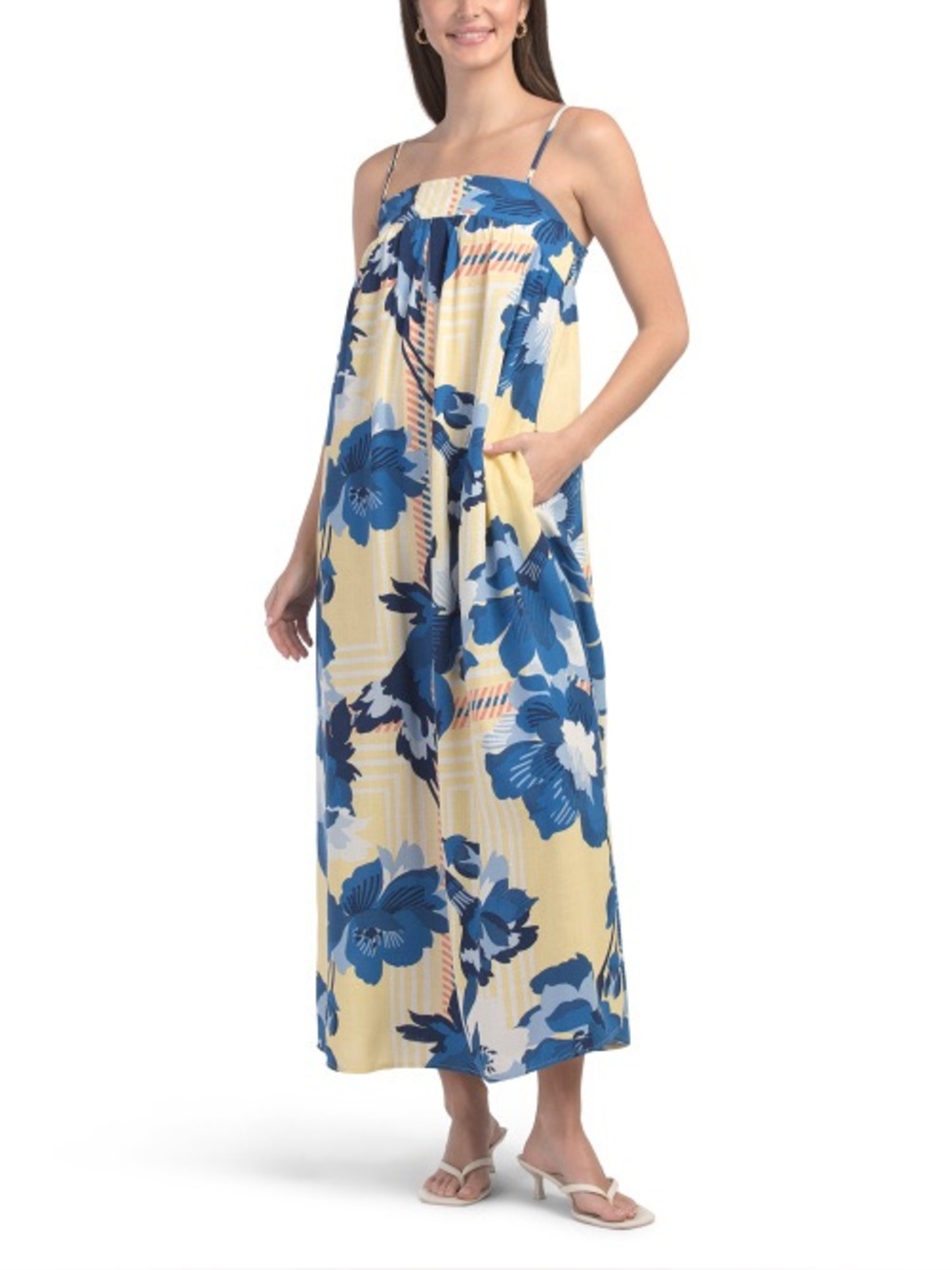 NWT Paper Heart Blue Floral Linen Blend Spaghetti-Strap Maxi Dress